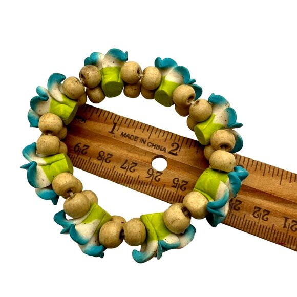 Hawaiian Blue Plumeria Flower Stretch Bracelet Handmade Fimo Wood Beads Aloha - Picture 7 of 7